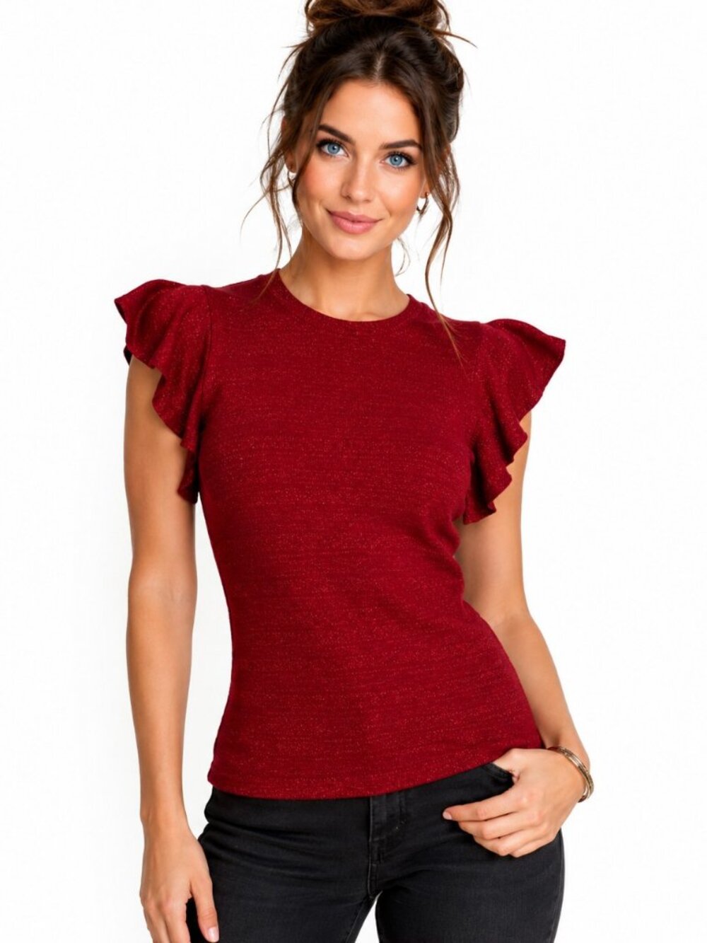 Poema Red Metallic Shimmer Flutter Sleeve Fitted Knit Top Women's Medium